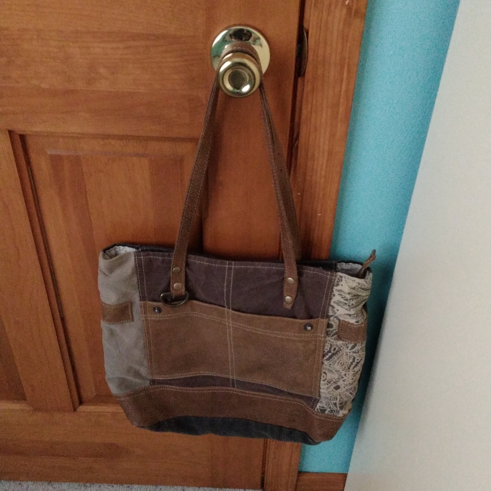 Myra Bag Patchwork Brown and Gray Canvas Tote